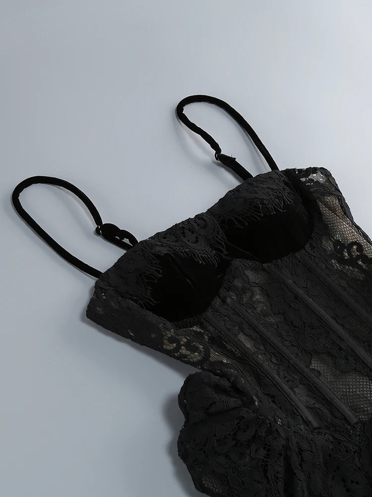 Women's Black Lace Corset Sheer-Split Maxi Dress