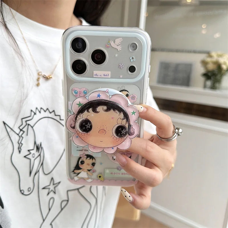 Kawaii Cartoon Girl Print For MagSafe Phone Case For iPhone 15 16 17 Pro Max With Flower Stand Shockproof Cover fashion phone ca