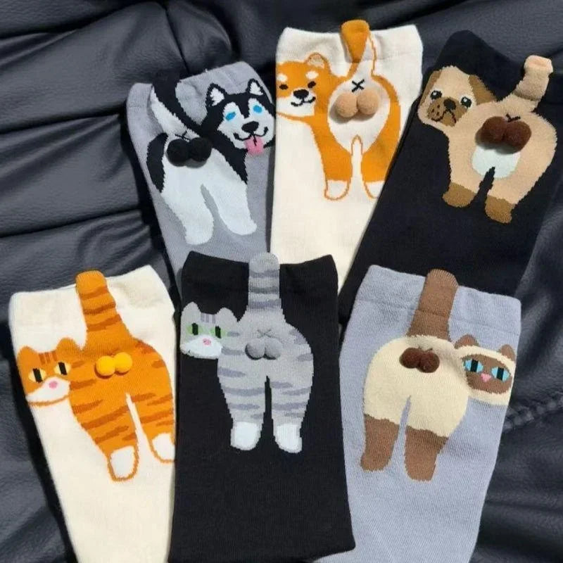 1/2Pair Cartoon Cute Dog Egg Cotton Socks Kawaii Women Lolita Knitting Middle Tube Socks Cat Butt Print Cat Balls Couple Sock