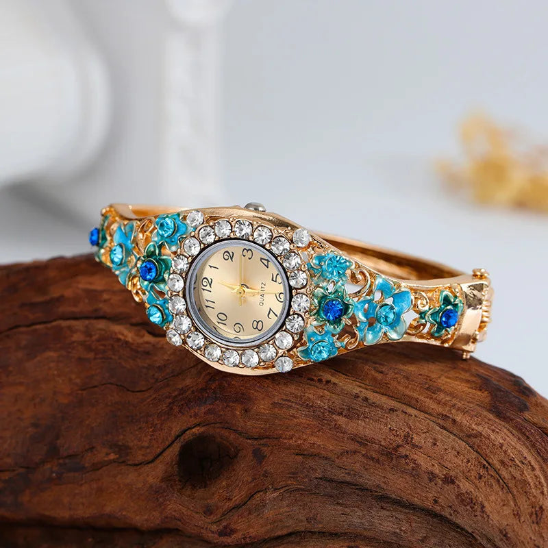 Women's Rhinestone Flower Bangle Quartz Watch