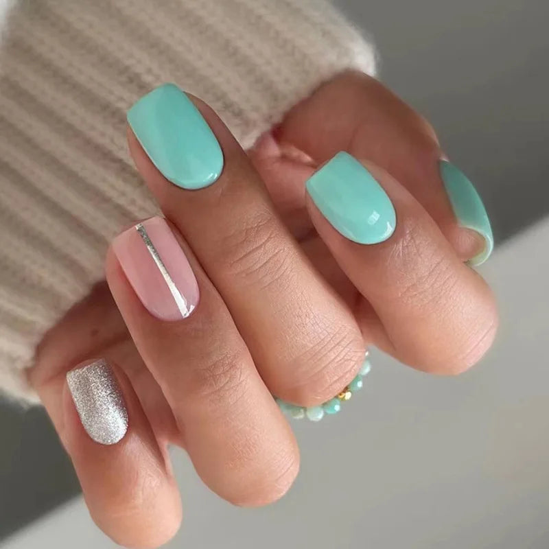 Pink Glitter French Short Square Press-On Nails