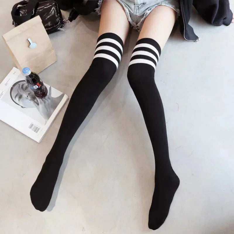 Sexy Black White Striped Long Socks Women Over Knee Thigh High Socks Over The Knee Stockings For Ladies Girls Warm Knee Socks
