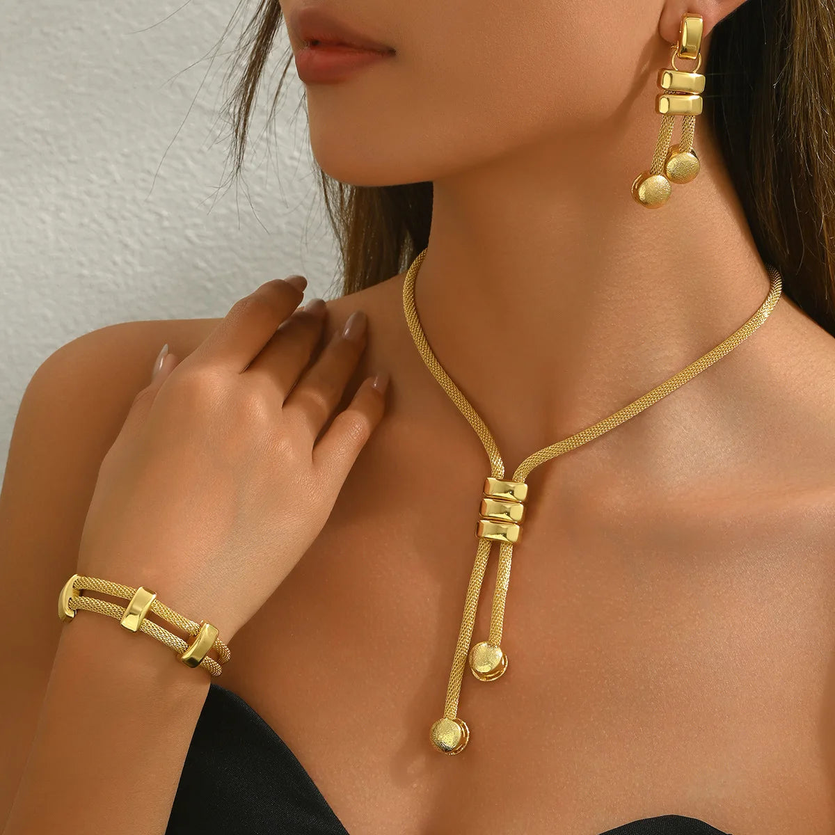 Fashion Jewelry Set For Women Gold Color Elegant Long Necklace Geometric Tassel Earrings Bracelet Bangle Accessories