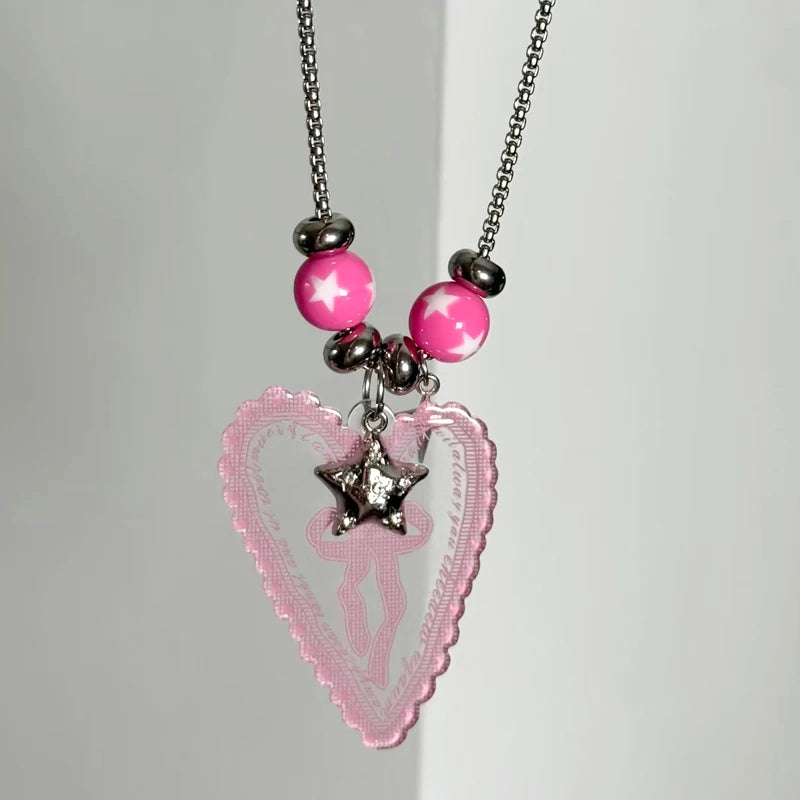 Pink Star, Lace & Bow Y2K Pendant Necklace