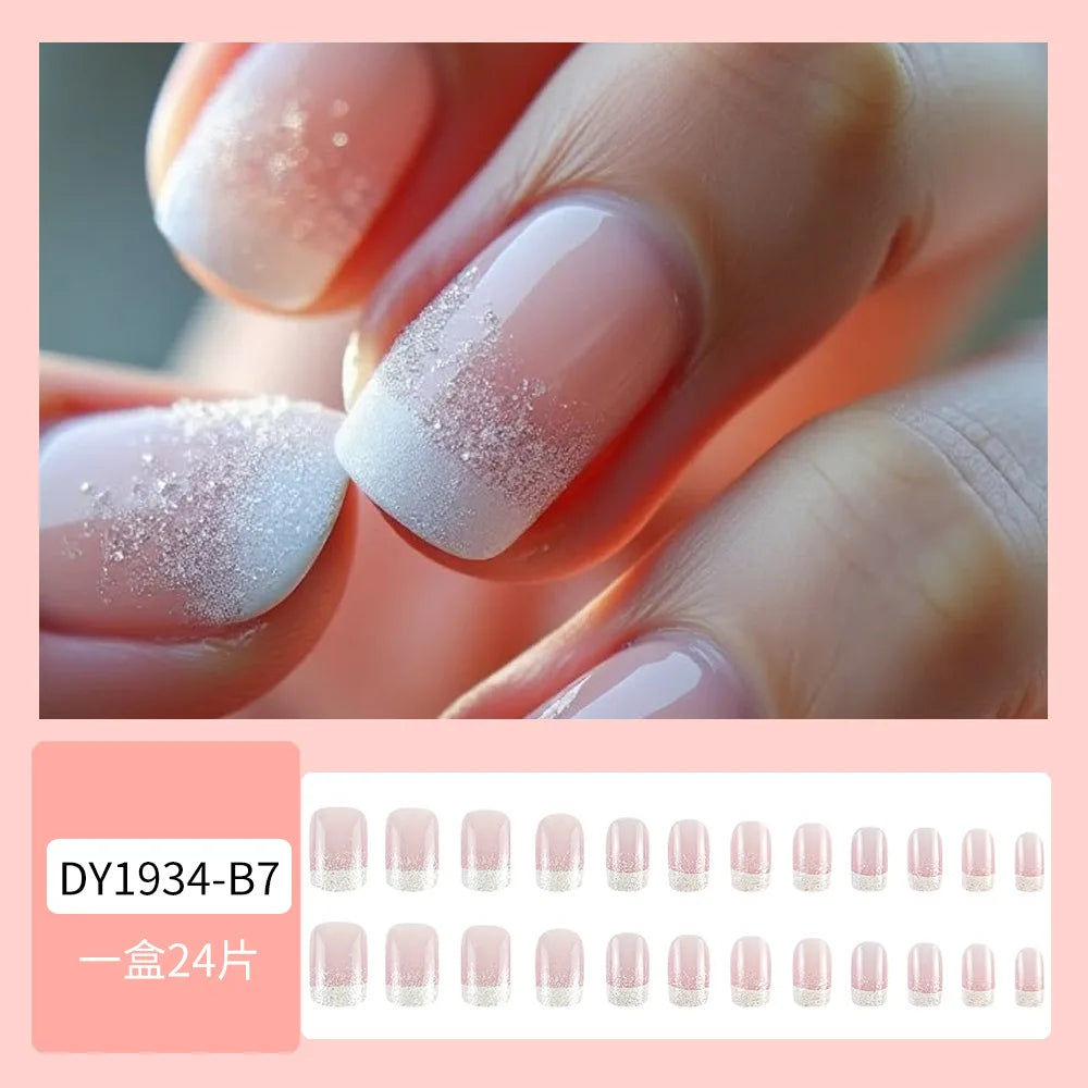 White French Glitter Square Press-On Nails – 24 Pieces