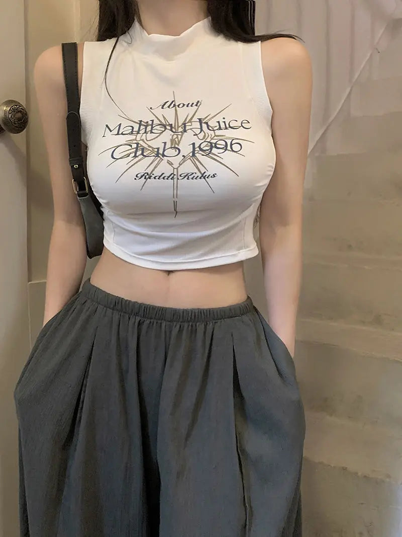 Y2K Letter Print Shirred Sleeveless Crop Top