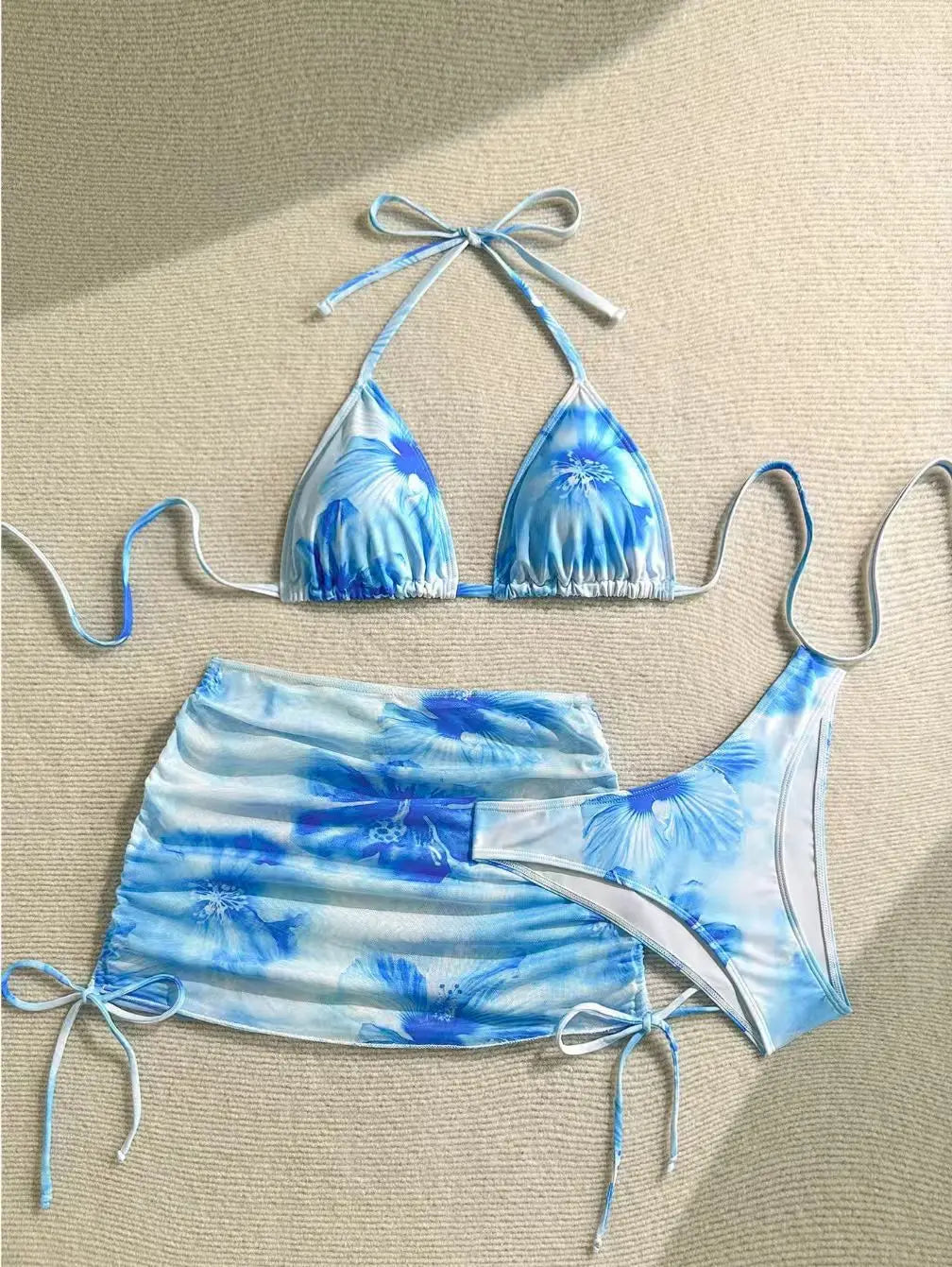 Sexy 3 Piece Bikini Set Women Printed Split Swimsuit Neck Strap Bathing Suit with Cover Up Skirt Swimwear Biquine Brasileiro