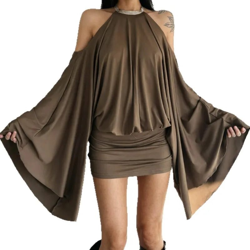 2026 European and American Spice Girls Sexy Shoulder Backless Irregular Design Short Skirt Loose Bat Sleeve Dress Women