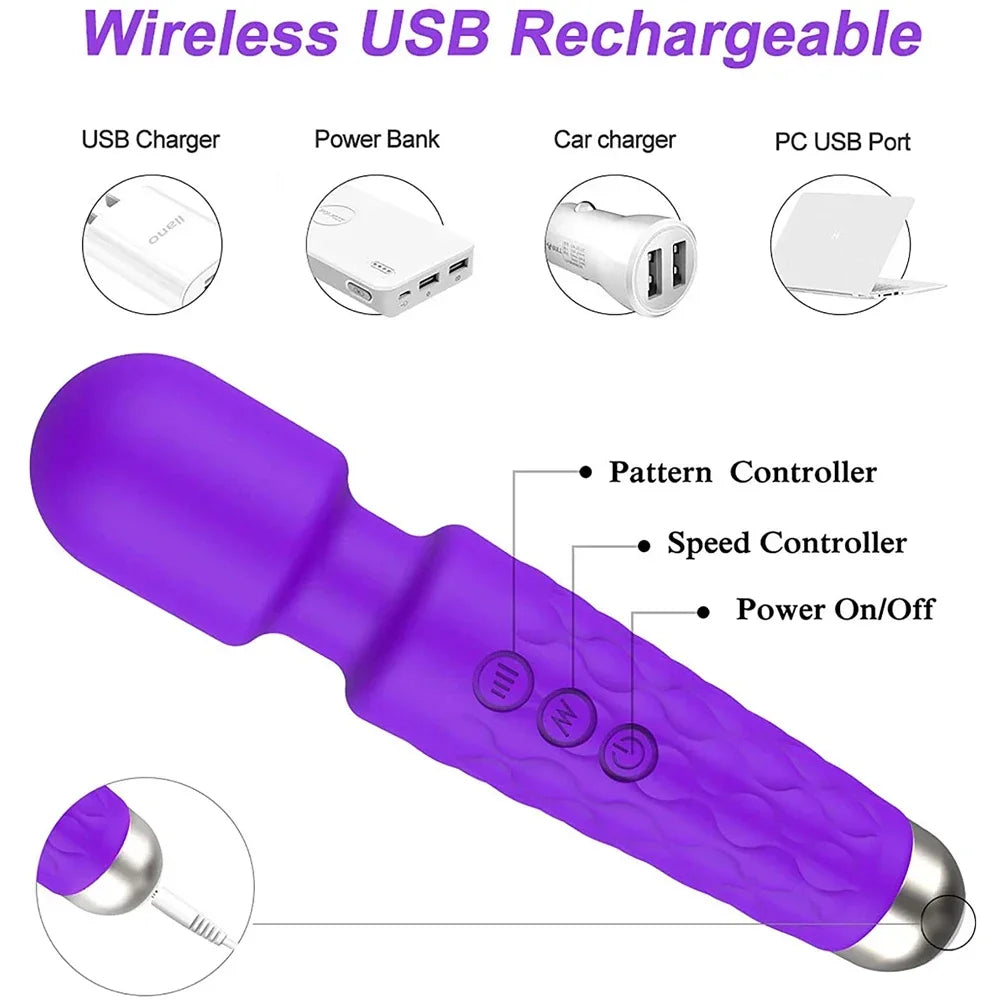 Cordless Rechargeable Wand Body Massager – 20 Modes/8 Speeds