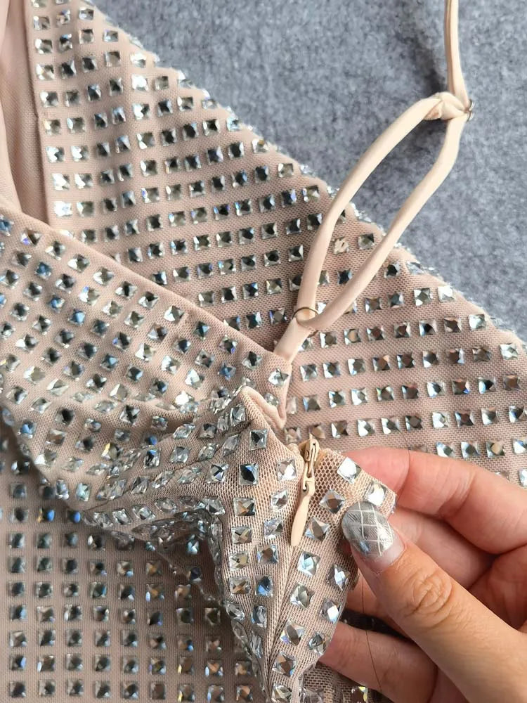 Sexy Club Rhinestone dress bodycon Women's 2025 Summer Luxury Sleeveless Backless Mini dresses Slim Mesh vestidos INKEO 5D028