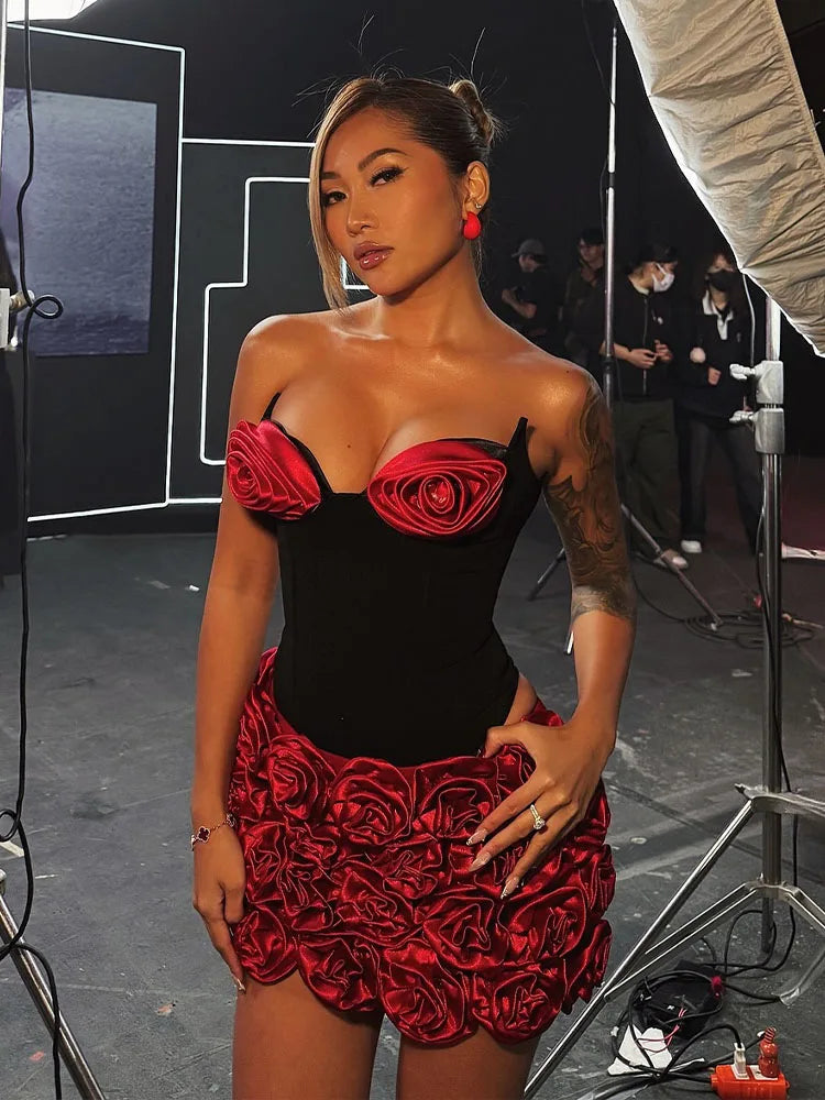Sexy Two Pieces Set Black Strapless Corset Top with Red Rose Details & Rose - Embellished Mini Skirt Set-Evening & Party Outfit