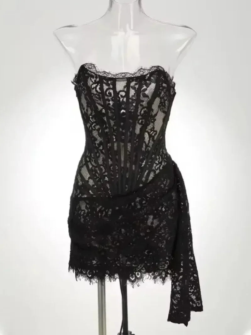 Sexy Lace See-through Corset Dress Patchwork High Waist Dress Elegant Printed Strapless Slim Evening Dress Tube Top Dress New
