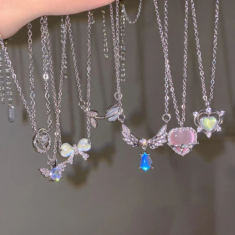 Crystal Bow, Angel Wings & Heart Necklace