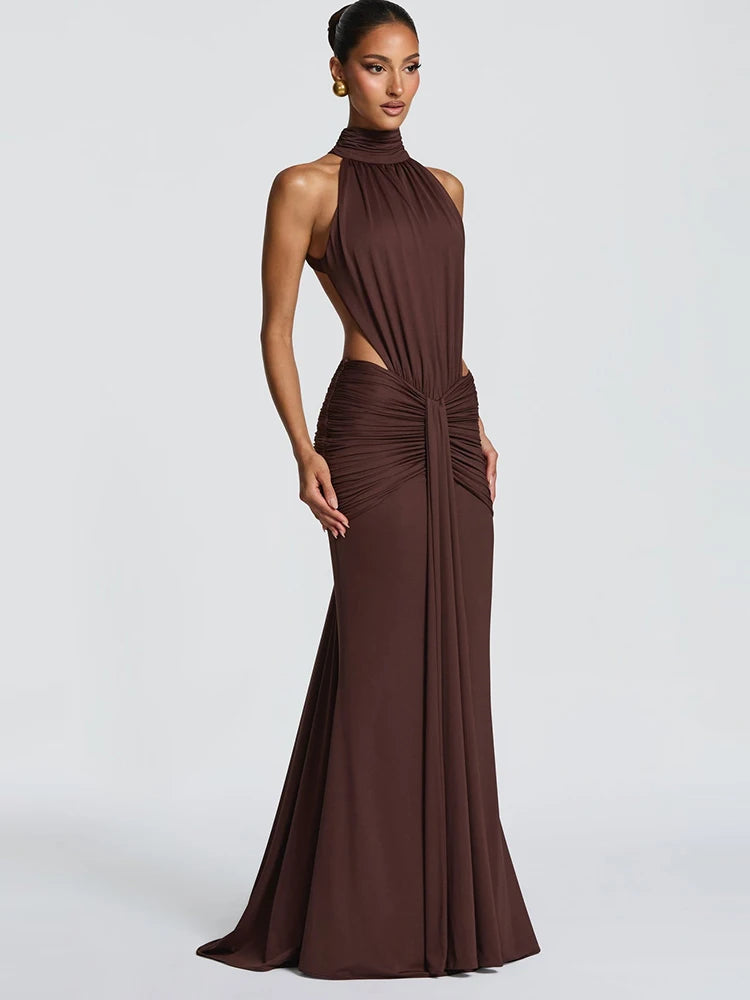 Sibybo Sexy Backless Bodycon Elegant Maxi Dress Women Fashion Sleeveless Half High Collar Draped Ruched Evening Party Dresses
