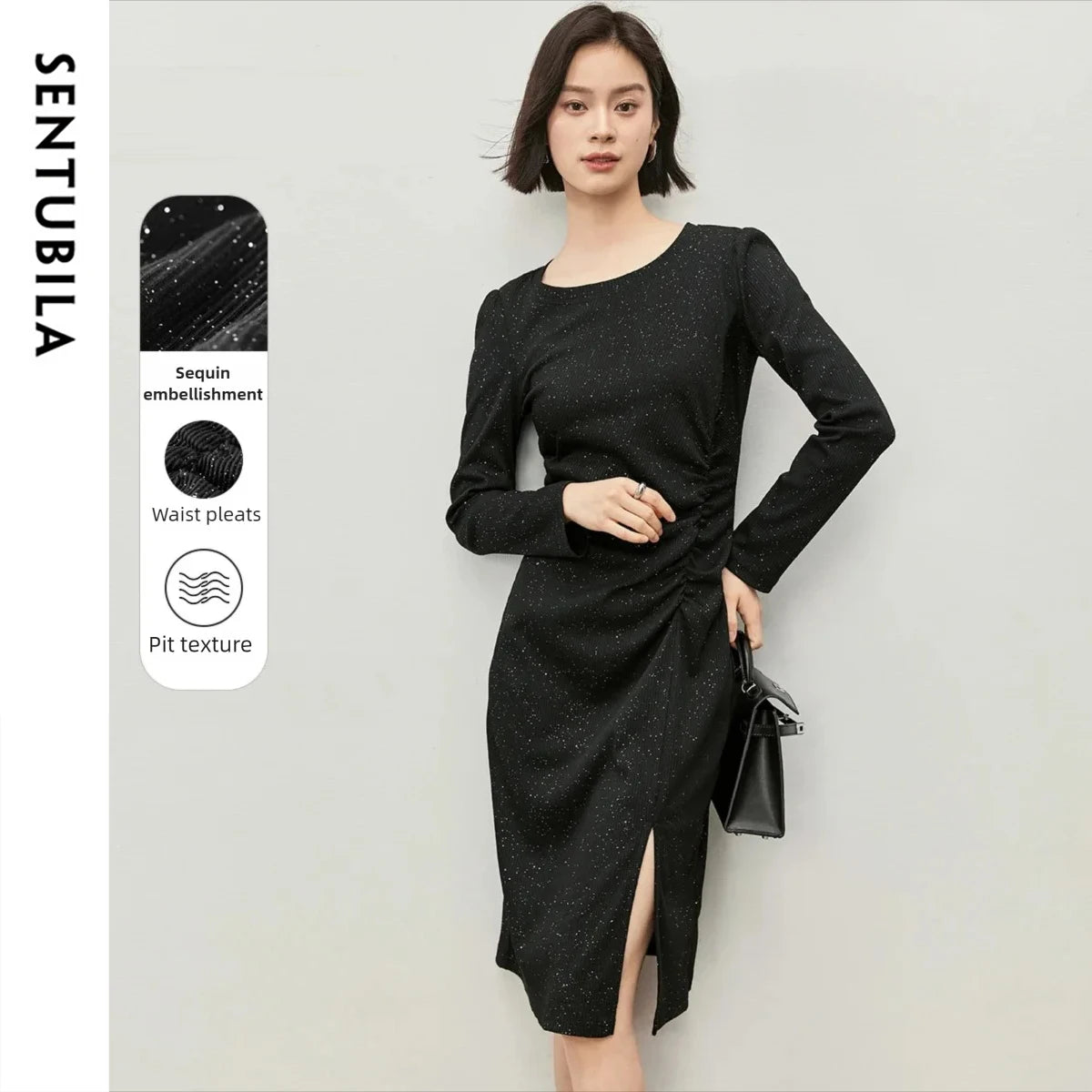 SENTUBILA Black Sequin Bodycon Dress For Women 2026 Spring Luxury Elegant Lady Sexy Split Knitted Dresses Party Club 143L56650X