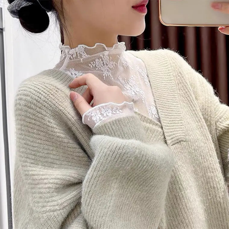 Sexy Women T Shirt See Through Transparent Mesh Tops Long Sleeve Sheer Slim Ladies Turtleneck Bright Silk T-Shirt Lace Crop Top