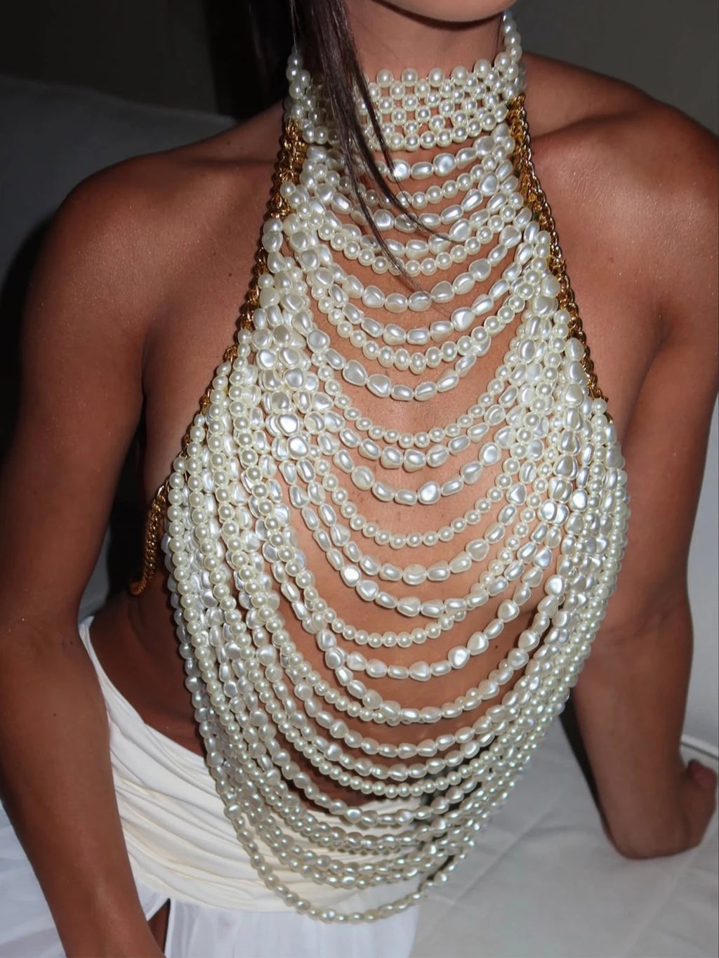 Sexy See Through Metal Chain Corset Crop Top Women Summer Pearl Beading Halter Tanks Top Nightclub Party Tops for Woman Clothing