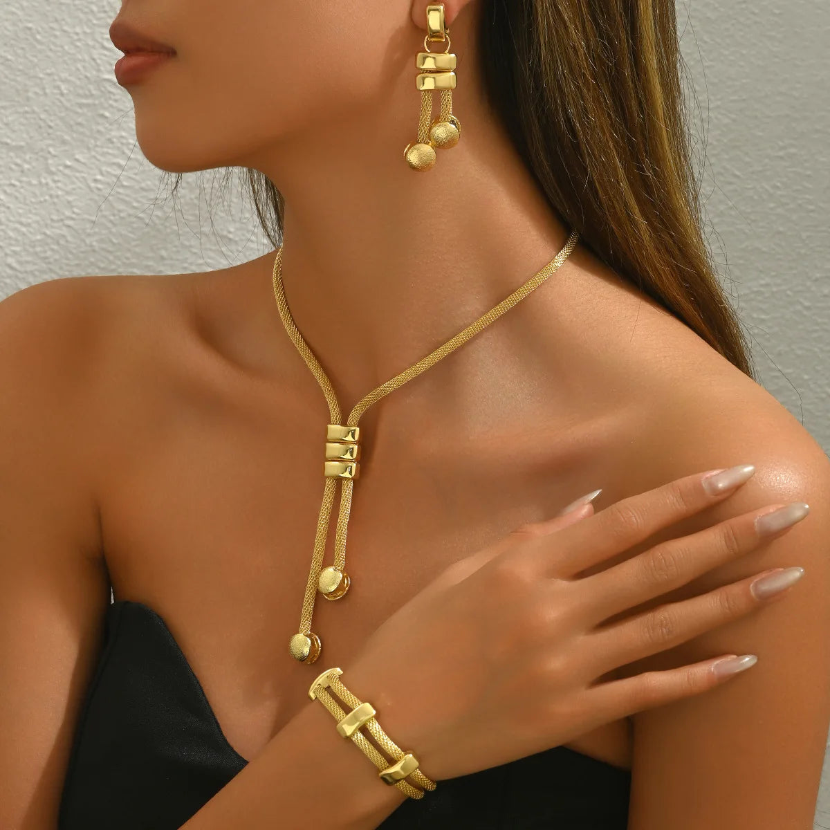 Fashion Jewelry Set For Women Gold Color Elegant Long Necklace Geometric Tassel Earrings Bracelet Bangle Accessories