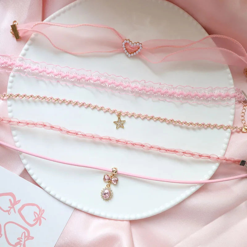 Pink Star, Bow & Bear Lace Choker Necklace