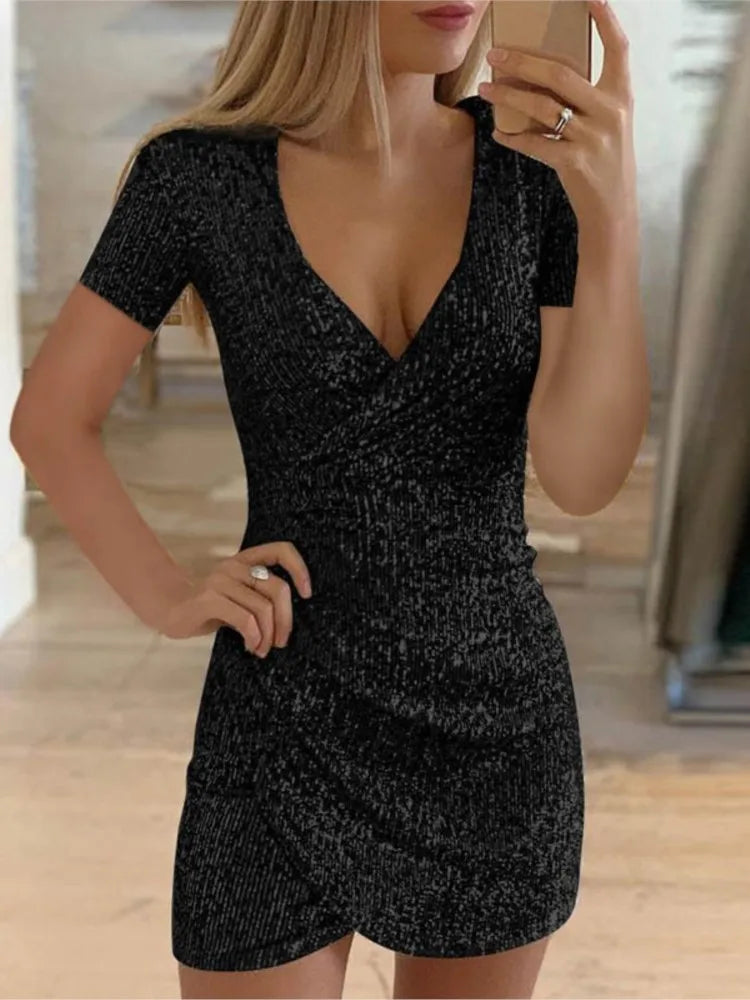 Sexy V-neck Package Hip Irregular Dress For Women Fashion Sequin Shiny Short-sleeve Mini Dress Elegant Party Dresses Female