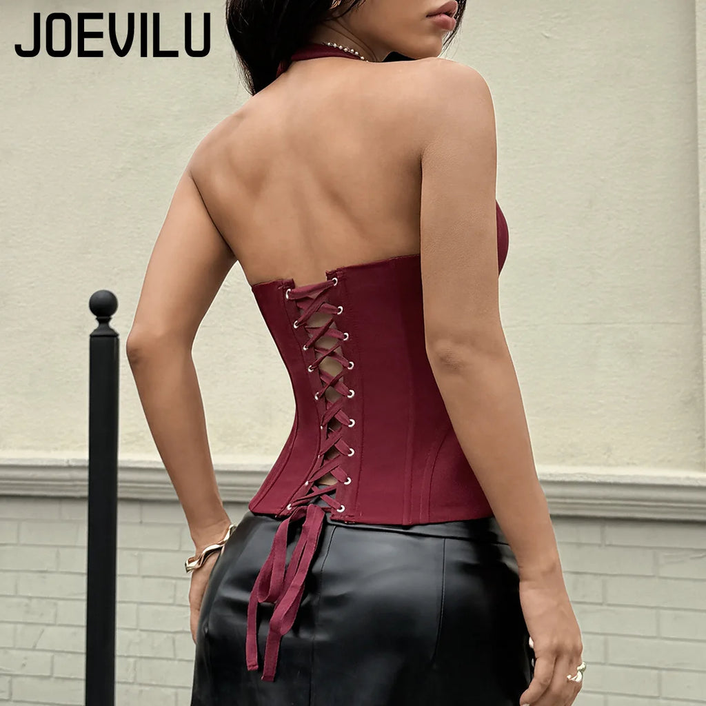 Sexy Y2K Halter Corset Tops Women Boning Deep V Neck Bustier French Style Waist Cincher Back Tie & Zip Closure Hot Clubwear Cute