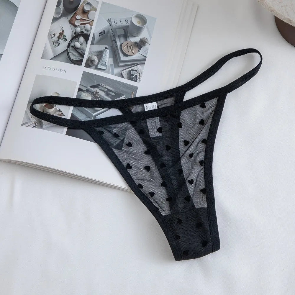 Lingerie Heart Mesh Thong Thin Strap Transparent T-back Briefs Low Waist Panties Lingerie