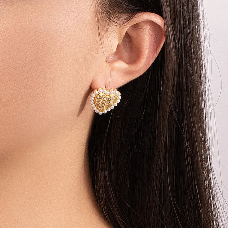 Square Pearl & Crystal Heart Stud Earrings
