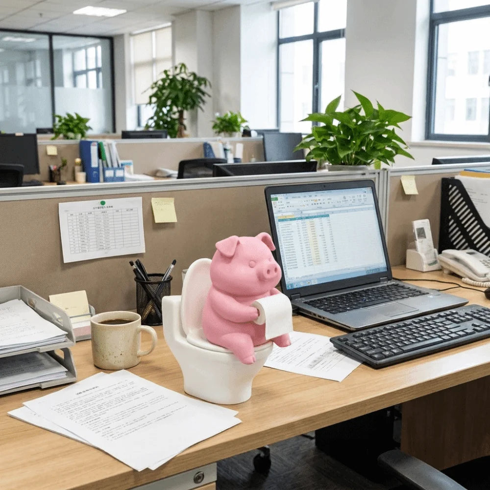 Funny 3D Printed Pig Figurine Cartoon Plastic Pig Sitting on Toilet Wall Mounted Toilet Pig Decoration Desk Shelf