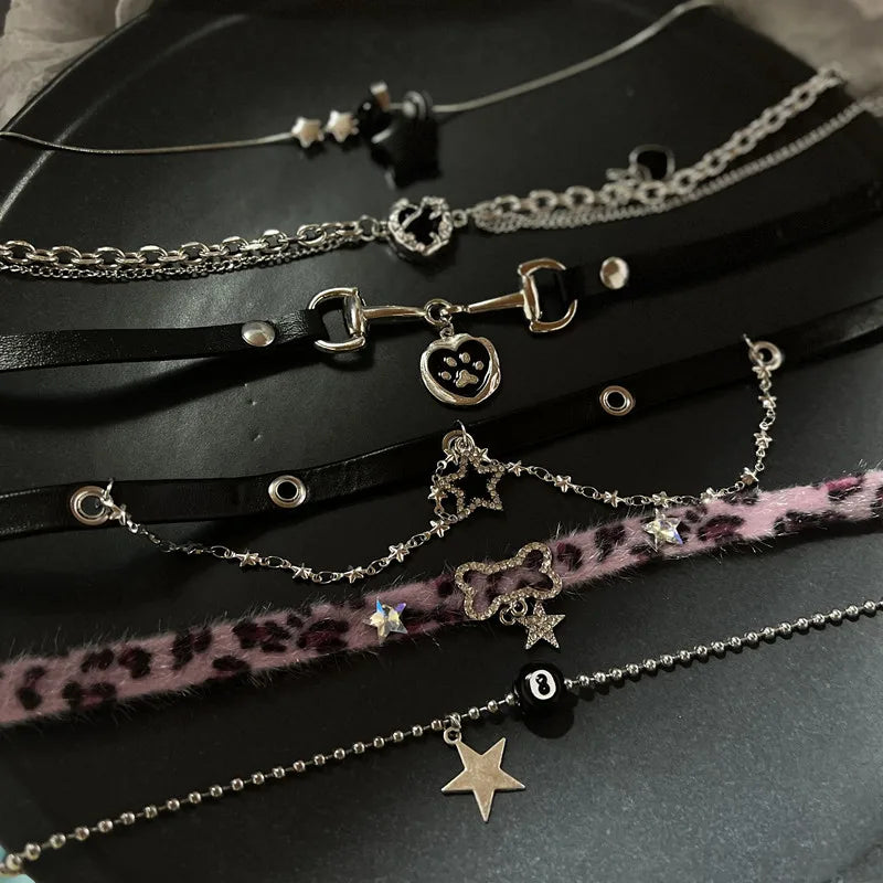 Plush Leopard Bone Choker for Women, Korean Kawaii Fashion Star Pendant Necklace, Harajuku Sexy Accessories, Y2K Jewelry Gift