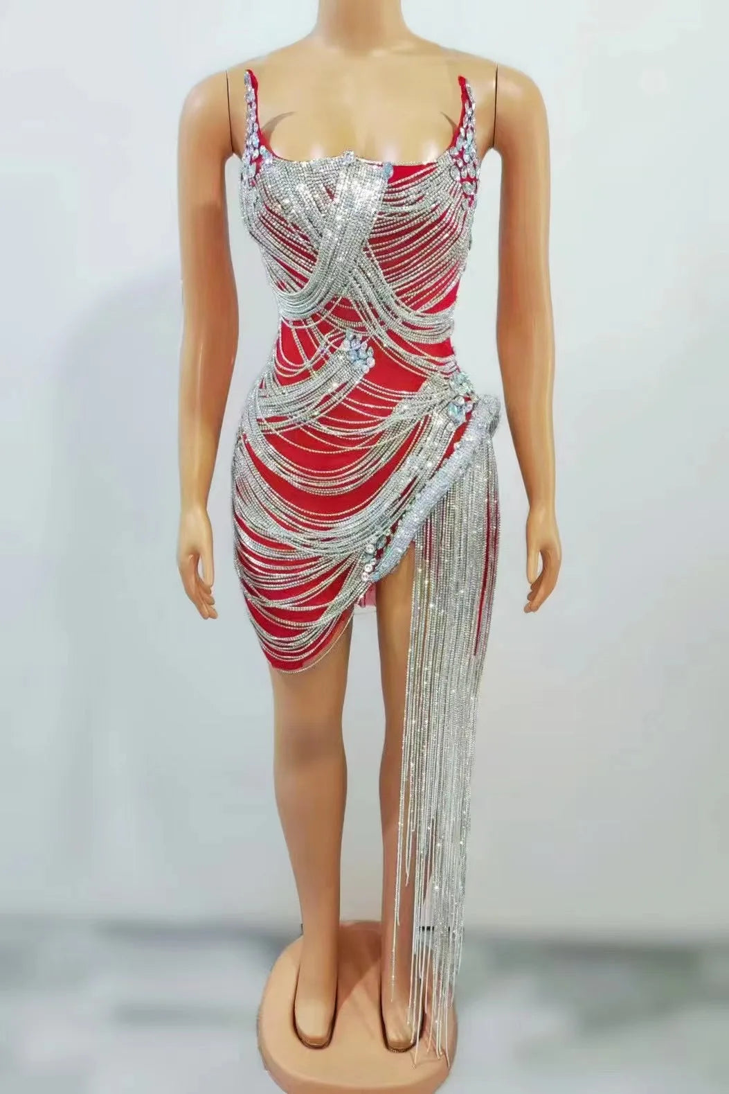 Luxury Dress Sexy Women's Shiny Beaded Rhinestone Dress Silver Stage Talent Performance Dress Birthday Celebration Party Dress