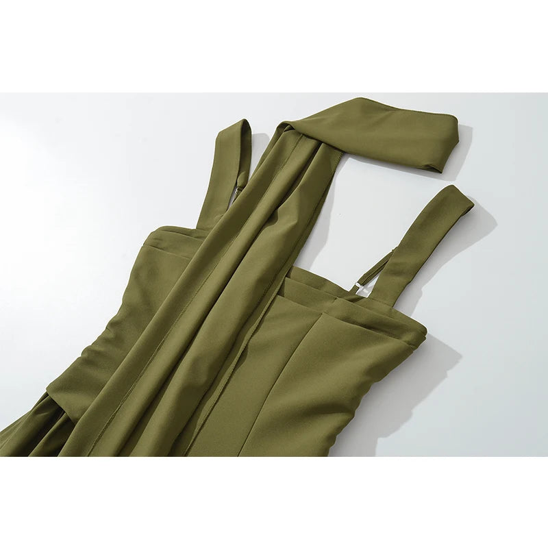 YENKYE Sexy Slit Elegant With Scarf Sling Party Dresses Women Lace Up Bandage Back Fit And Flare Dress Green Back Summer Robe