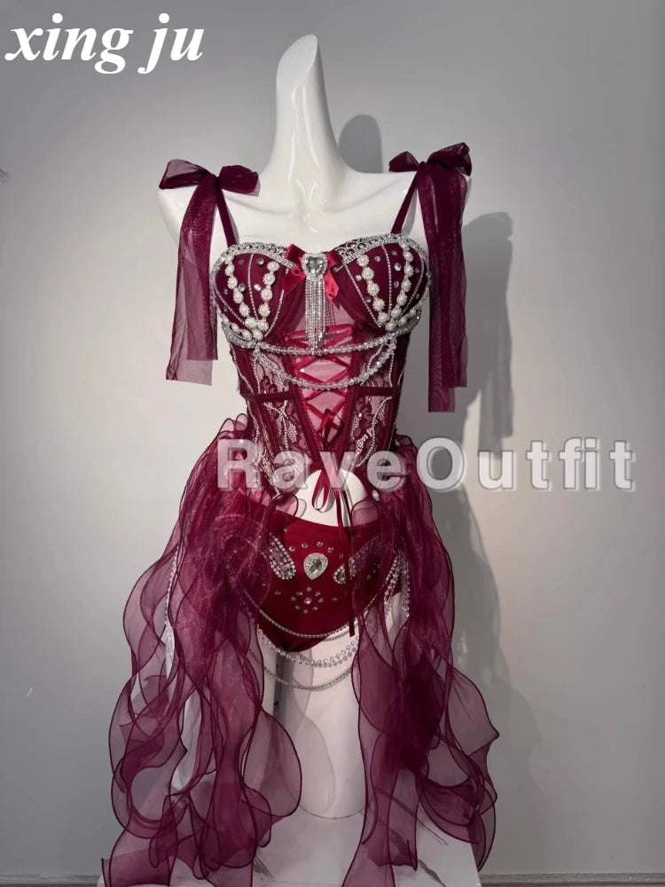 Xing Ju Sexy Temperament Pearl Diamond Fishbone Suspender Tops Shorts Singer Stage Party Outfits Women Nightclub Club Costumes
