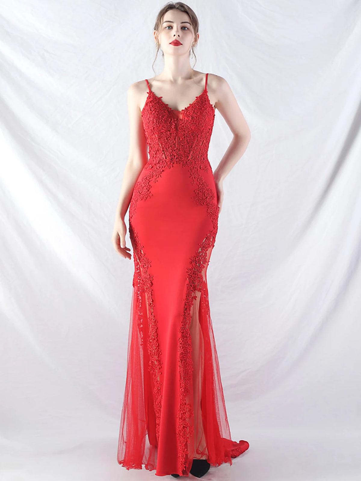 Women's Sheer Lace Mesh Maxi Evening Dress