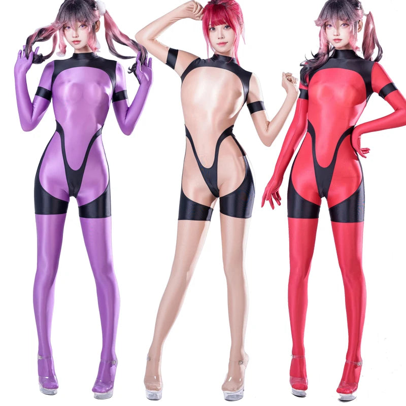 Sexy women gloss see through swimsuit Oil shiny back zipper jumpsuit body suits japanese swimsuit play the role Tights