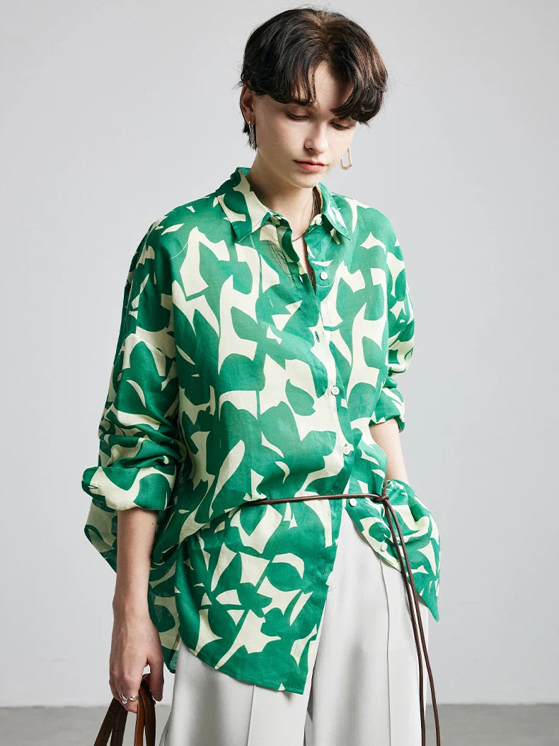 Women's Ramie Printed Turn-Down Collar Shirt