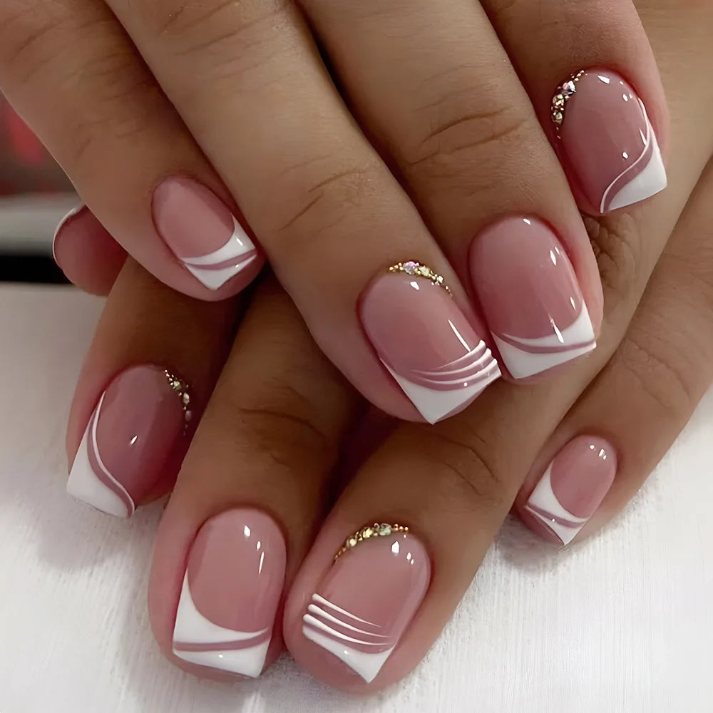 False Nail Full Cover Fake Nail Pink Glitter Wearable French Short Nails Square Head False Nail Press On Nails Manicure Tool
