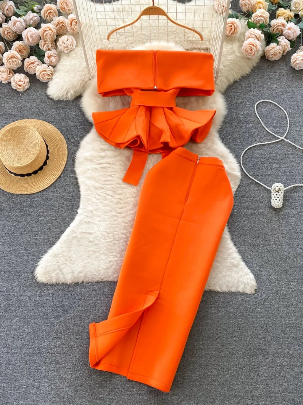 Sexy One-oulder Belted Waist Gown Set with Pleated Skirt Two-Piece Ensemble Versatile Courtly Sle for Young Adults