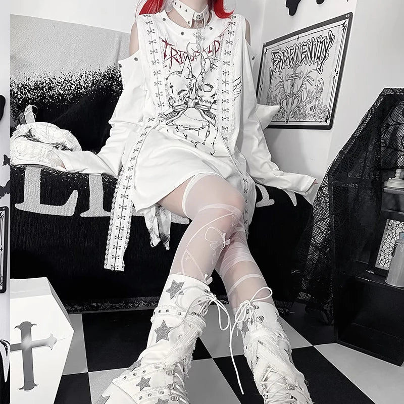New Off-the-shoulder Subculture Cotton Tee Japanese Punk Gothic Print Dark Loose T-shirt Short/Long Sleeves Y2K Girls Cool Tops