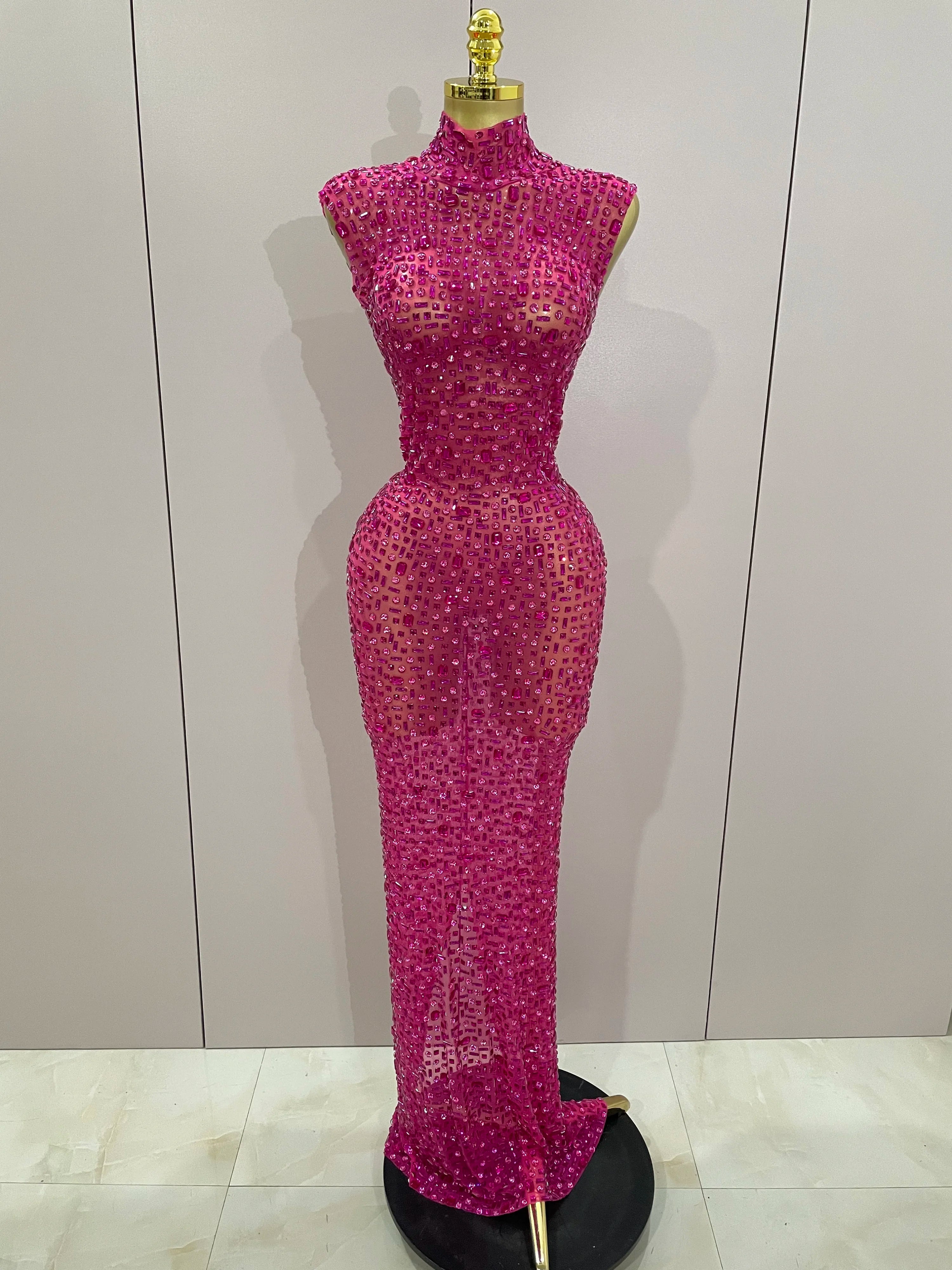 Luxury Sparkly Diamonds Red Sexy Mesh See Through Long Dress Women Eveing Celebrate Birthday Dress Wedding Singer Stage Costume