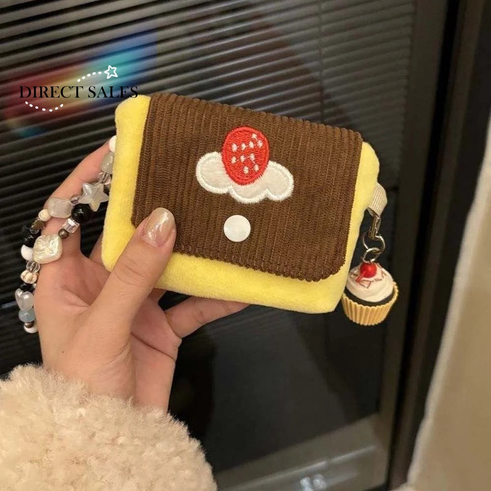 Cherry Pudding Design Coin Purse Soft Velvet Compact Dimension Mini Pouch Wallet Snap Button Closure Corduroy Texture