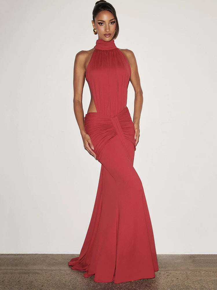 Women's Backless Ruched Maxi Evening Dress