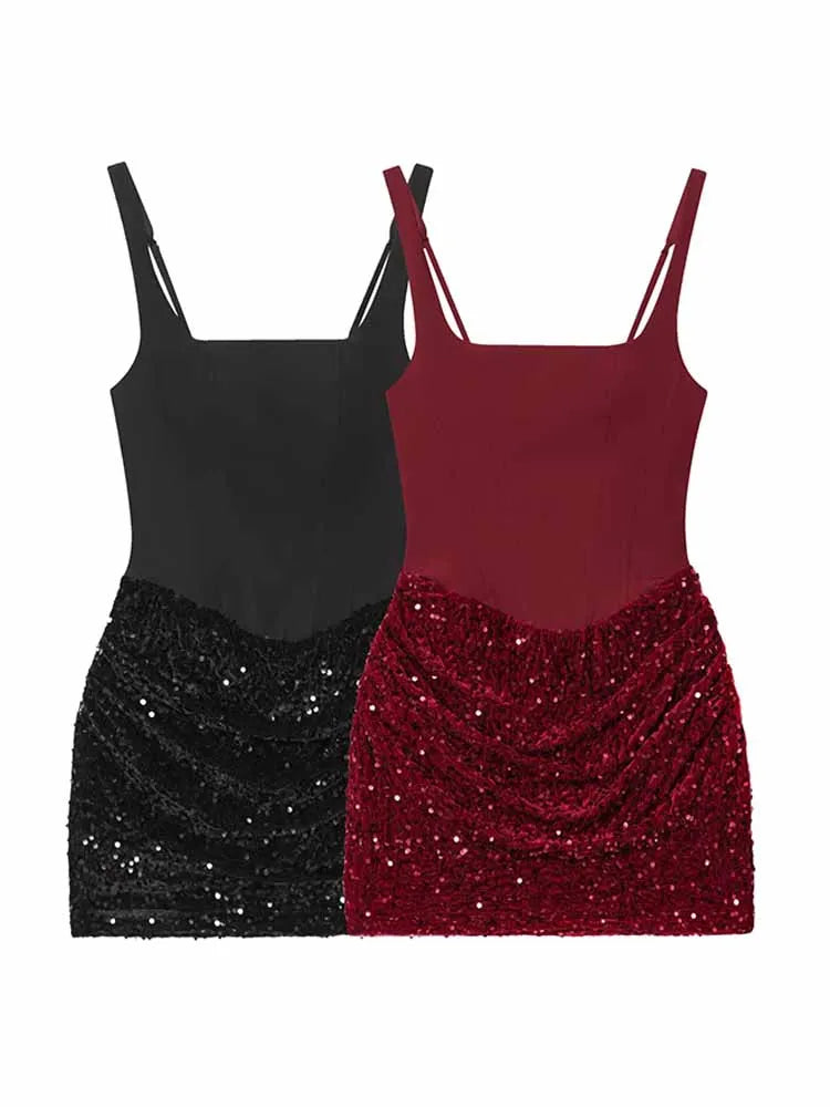 HH Summer Woman Casual Sexy Sleeveless Sequin Decoration Hip Covering Suspender Skirt Female Elegant Fashion Party Dress Mujer