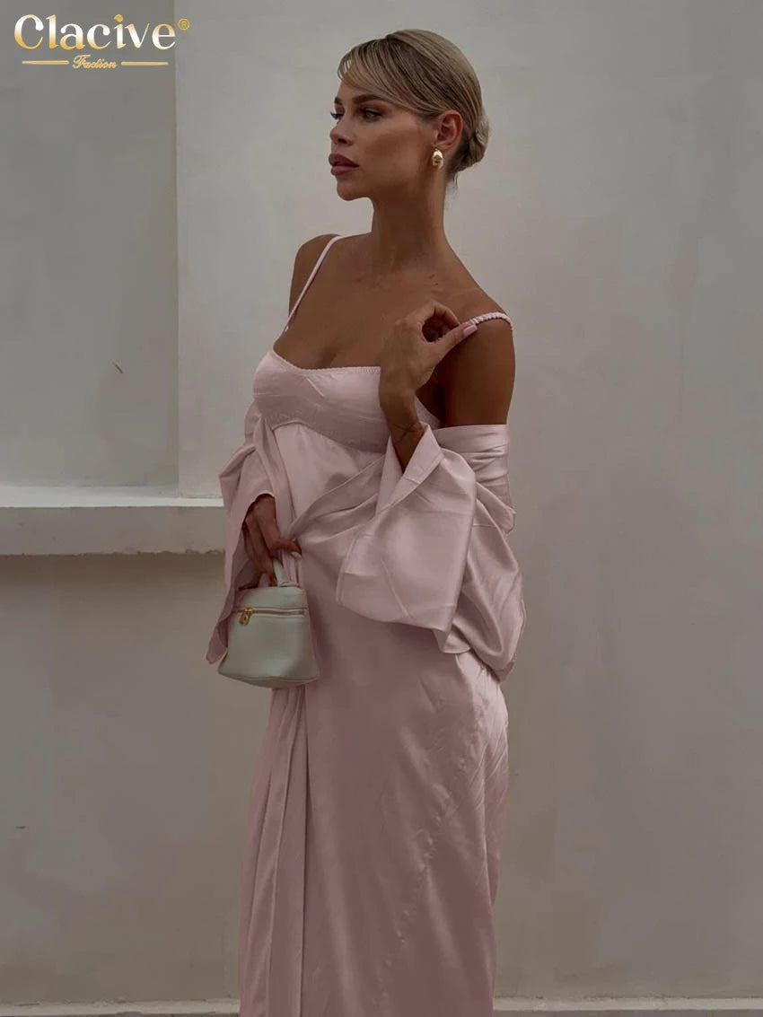 Clacive Sexy Loose Pink Satin Women's Two Pieces Set 2025 Fashion Long Sleeve Robes With Sleeveless Slit Long Dress Set Female