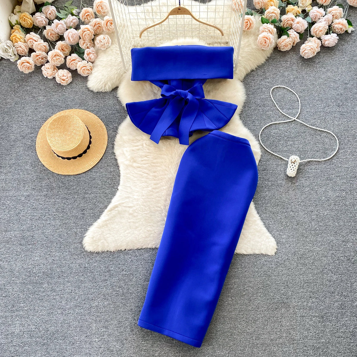 Women's One-Shoulder Belted Top & Pleated Skirt Set