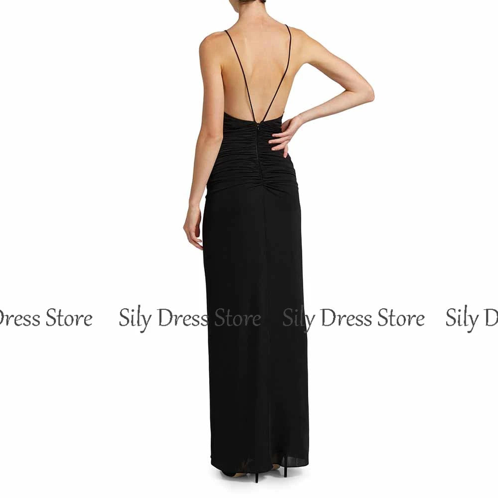 2025 Sexy Evening Dresses Spandex Sheath/Column Party Dress Black Spaghetti Strap Bow Backless Special Occasion Dress Long