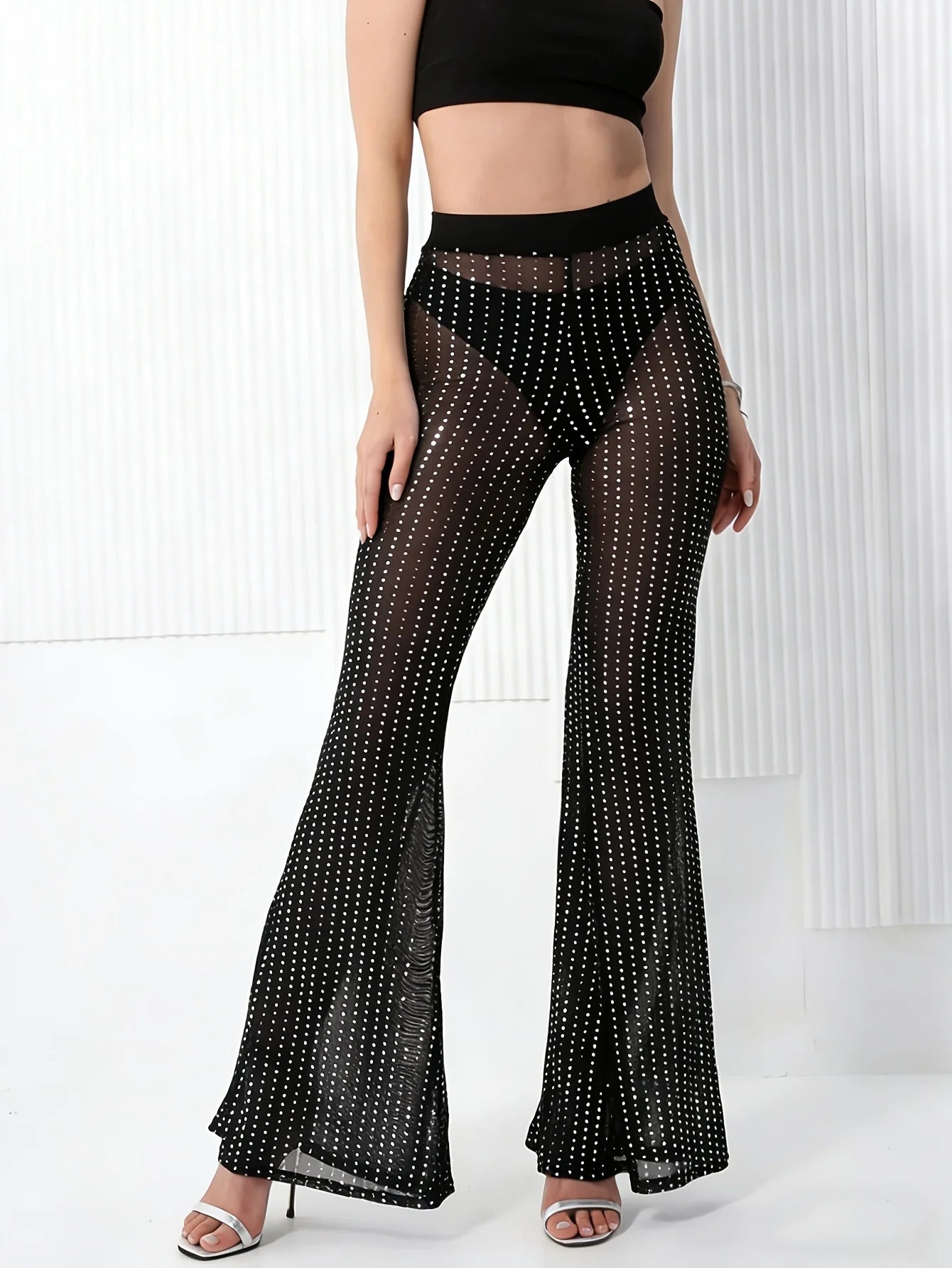 Sexy Hot Girl Style Sheer Sequined Net-fitted Flared Pants Cool And Revealing Without An Inner Layer Tight-fitting Long Pants