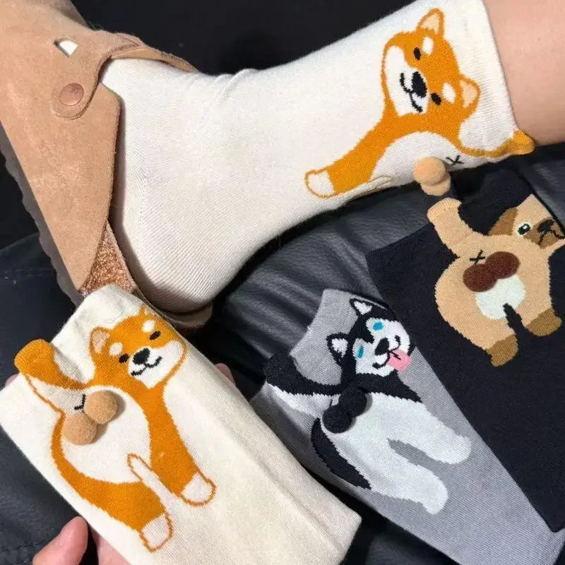 1/2Pair Cartoon Cute Dog Egg Cotton Socks Kawaii Women Lolita Knitting Middle Tube Socks Cat Butt Print Cat Balls Couple Sock