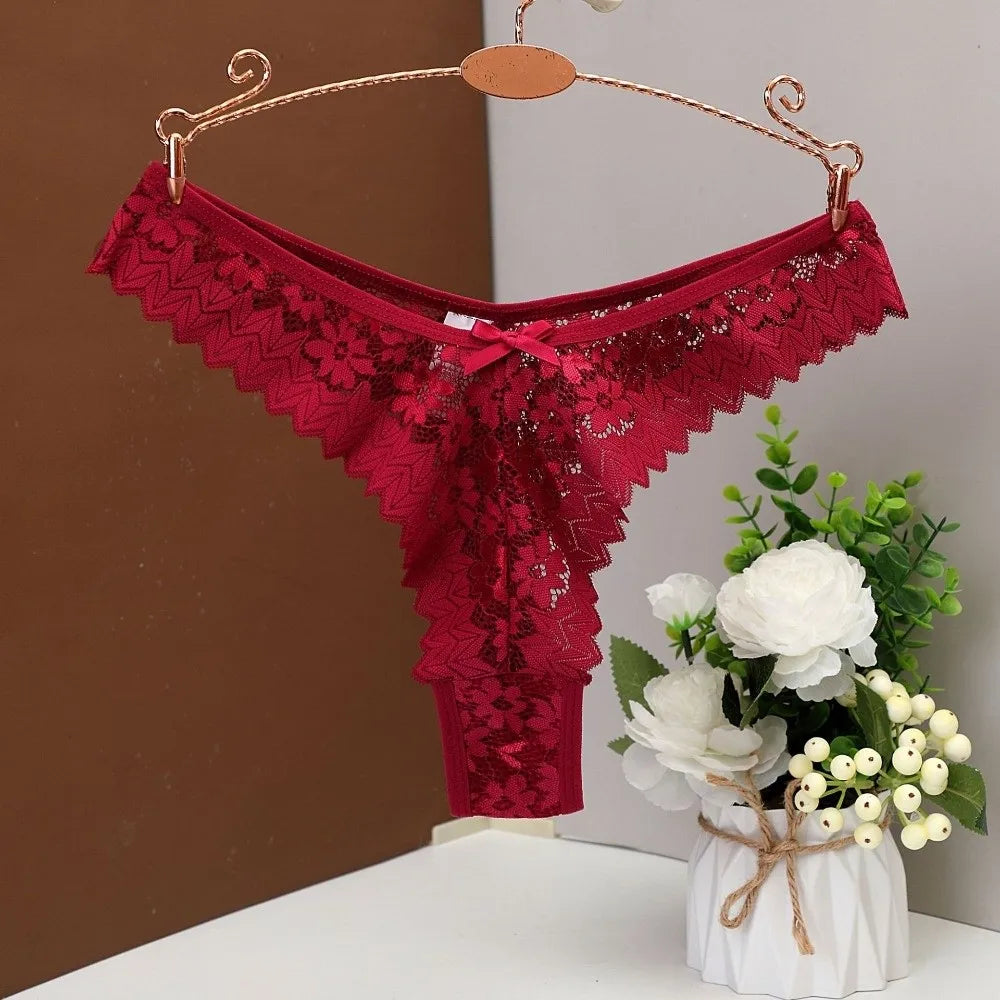 Lingerie Bow Flower Lace Seamless Thong Transparent Panties Underwear for Women Mid Waist Hollow Mesh Lace Briefs Comfortable
