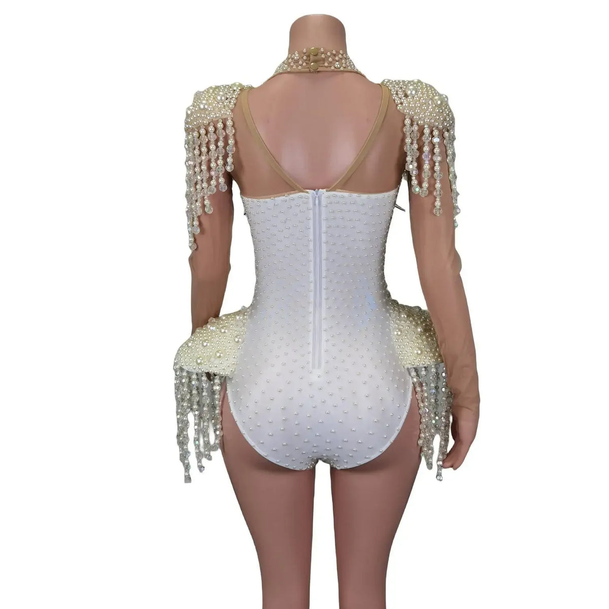 Women's White Pearl Tassel Rhinestone Stage Jumpsuit