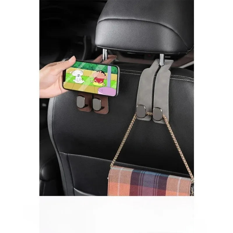 Car Interior Storage Hook, Suede Leather Metal Strap Hanger, Rear Seat Headrest Organizer with Drill, Durable Car Accessories